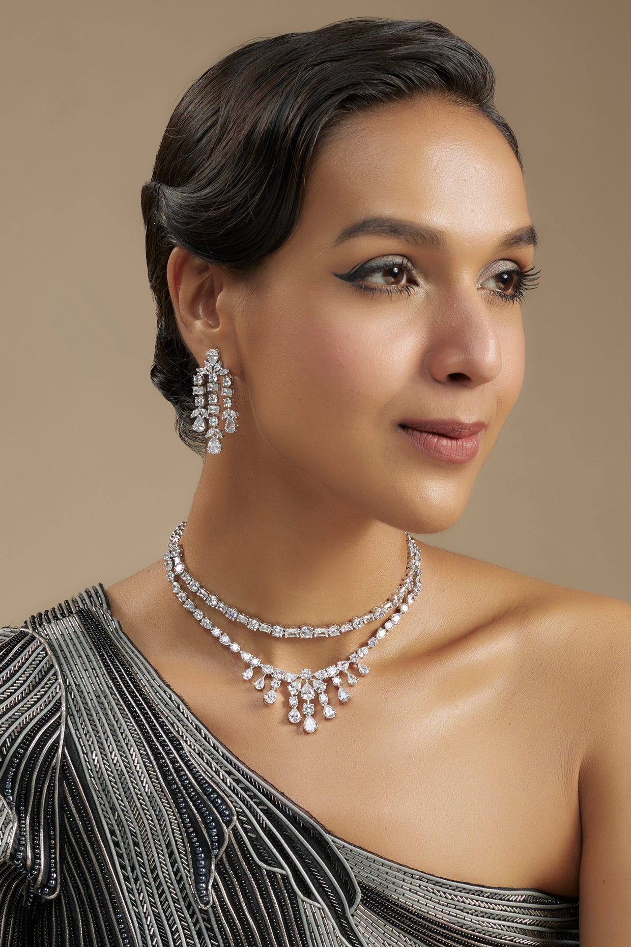 White Finish Diamond Layered Necklace Set