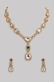 Gold Finish Kundan Polki & Green Stone Long Necklace Set