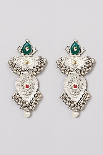 Oxidised Finish Green Kundan Polki & Pearl Dangler Earrings
