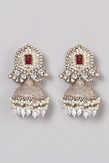 Oxidised Finish Red Kundan Polki & Pearl Jhumka Earrings