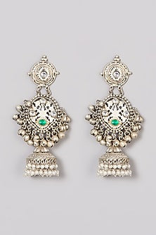 Oxidised Finish Kundan Polki & Pearl Jhumka Earrings