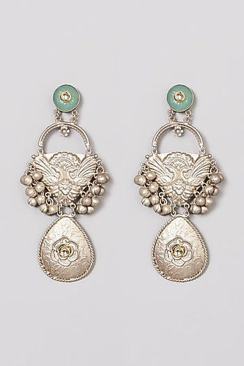 Oxidised Finish Mint Green Kundan Polki Dangler Earrings