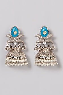 Oxidised Finish Blue Kundan Polki & Pearl Jhumka Earrings