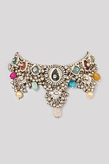 Oxidised Finish Kundan Polki & Natural Stone Choker Necklace