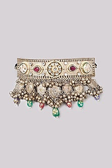 Oxidised Finish Kundan Polki & Natural Stone Choker Necklace