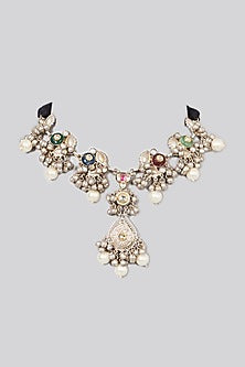 Oxidised Finish Kundan Polki & Natural Stone Choker Necklace