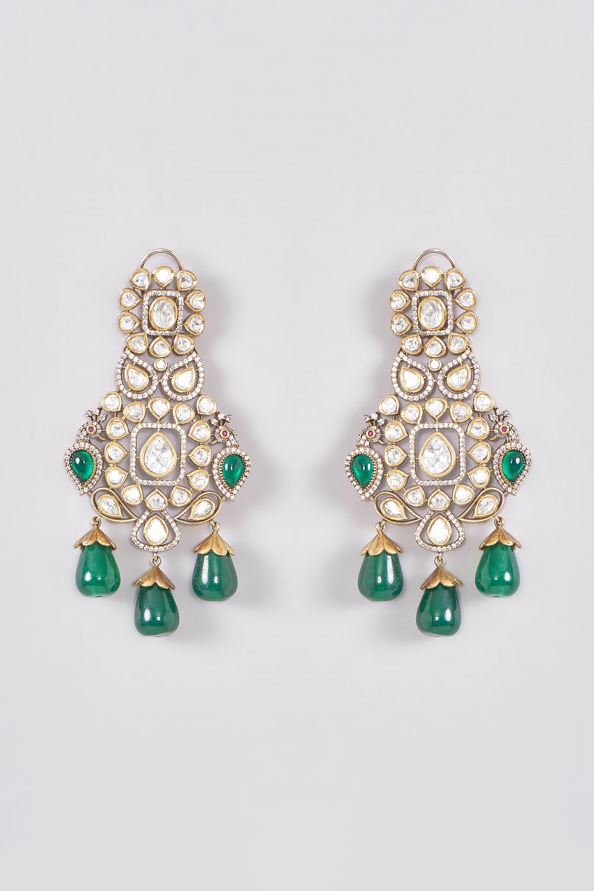 Black Rhodium Finish Polki & Emerald Dangler Earrings