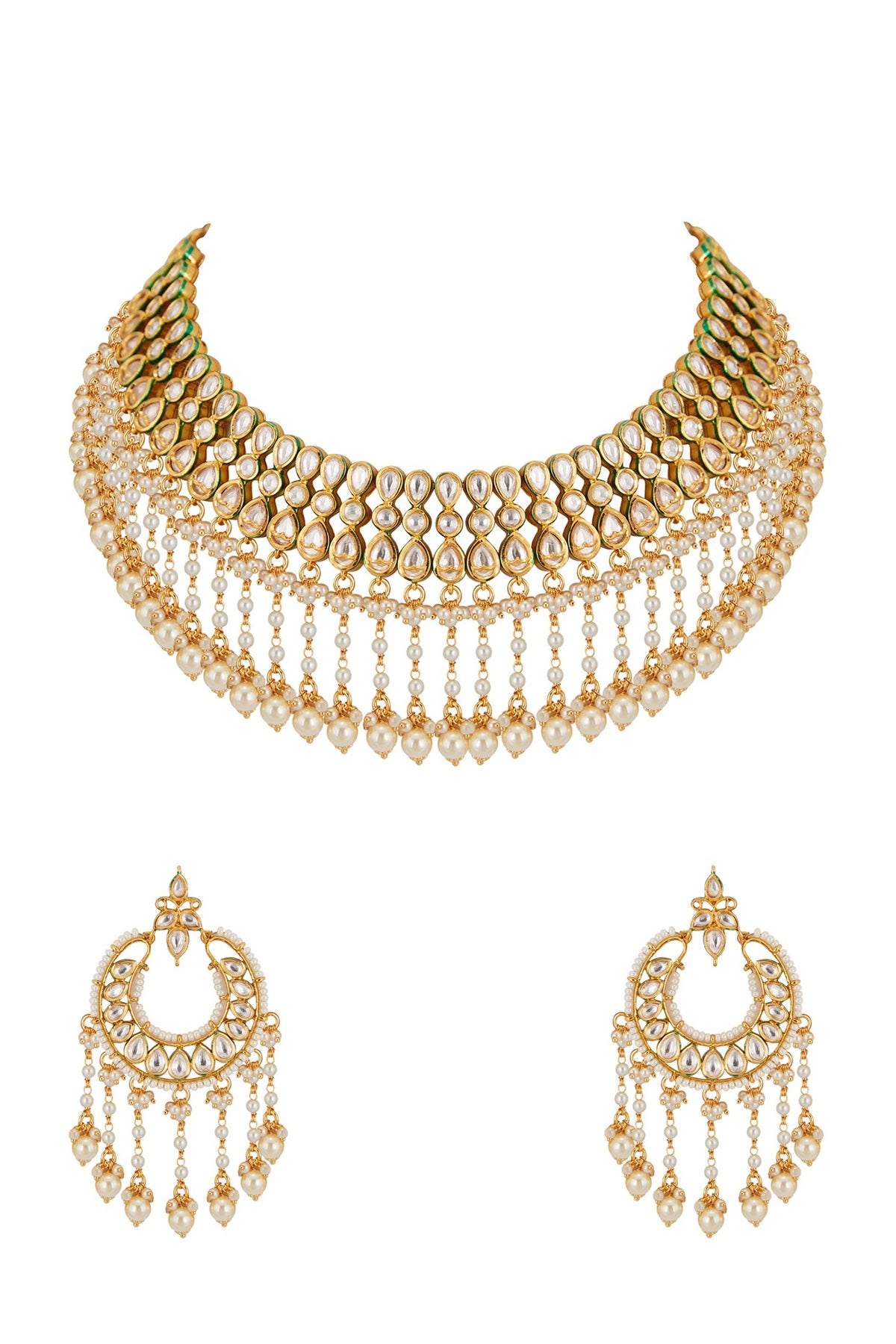 Gold Plated Kundan & Pearl Hanging Necklace Set