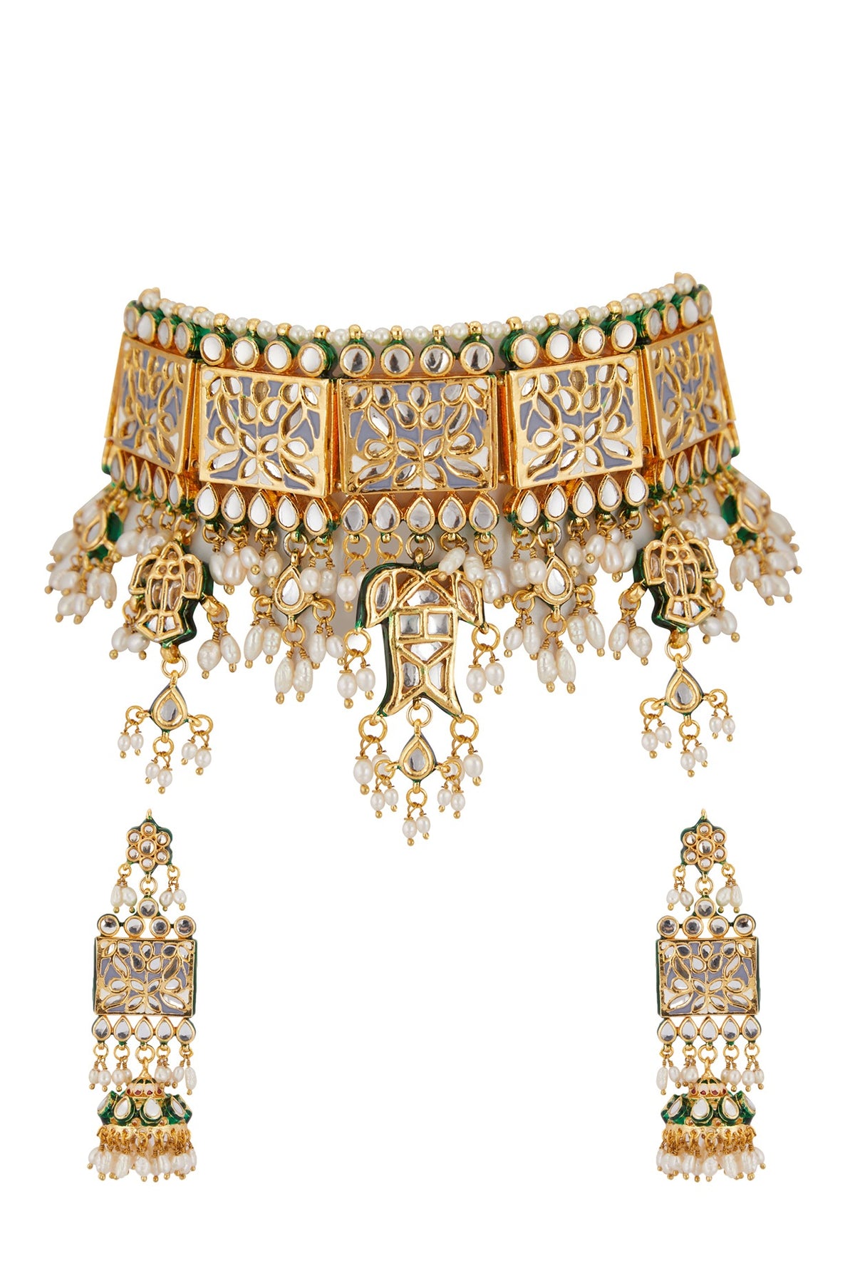 Gold Plated Kundan Polki Geometric Choker Necklace Set