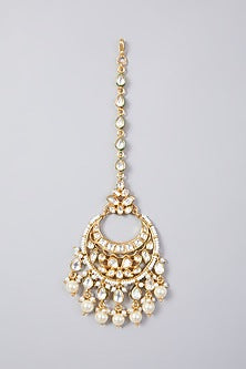 Gold Finish Kundan Polki & Pearl Maang Tikka