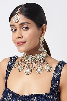 White Finish Kundan Polki & Pearl Choker Necklace Set