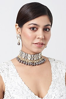 White Finish Kundan Polki & Pearl Choker Necklace Set