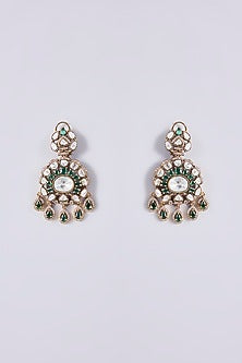 Black Rhodium Finish Kundan Polki & Green Stone Long Necklace Set