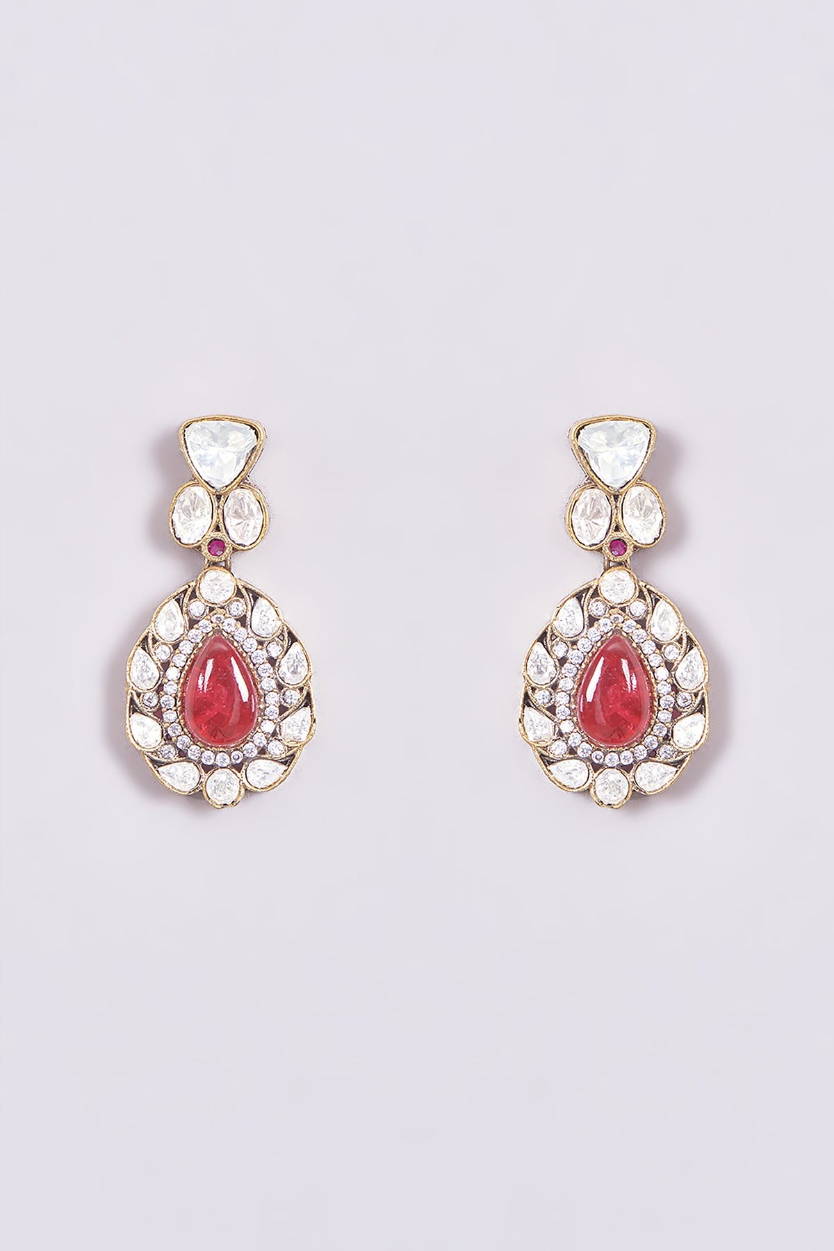 Gold Finish Kundan Polki & Red Stone Floral Necklace Set