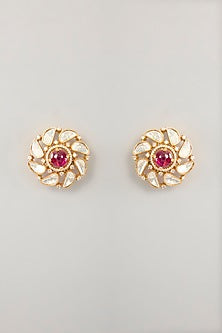 Gold Finish Moissanite & Red Stone Stud Earrings