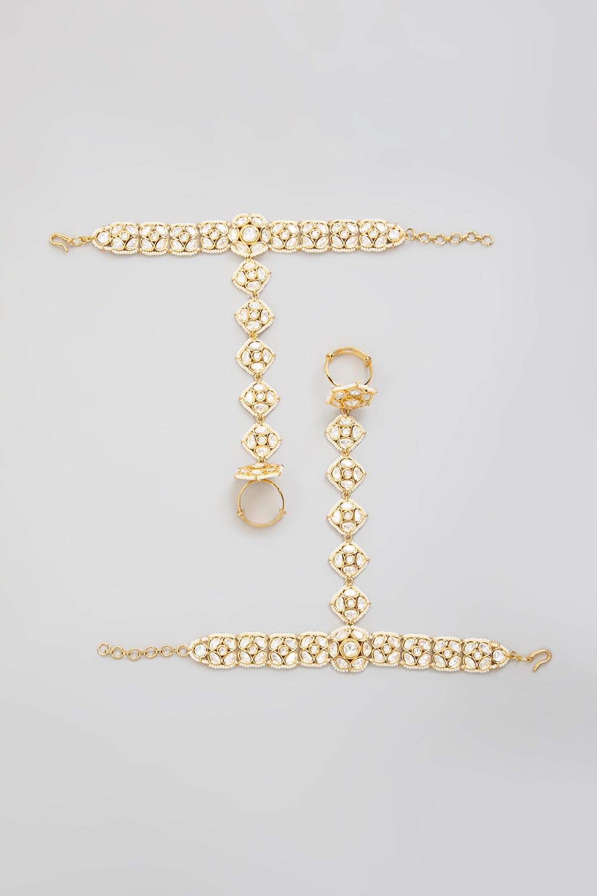 Gold Finish Kundan Polki Hathphool (Set Of 2)