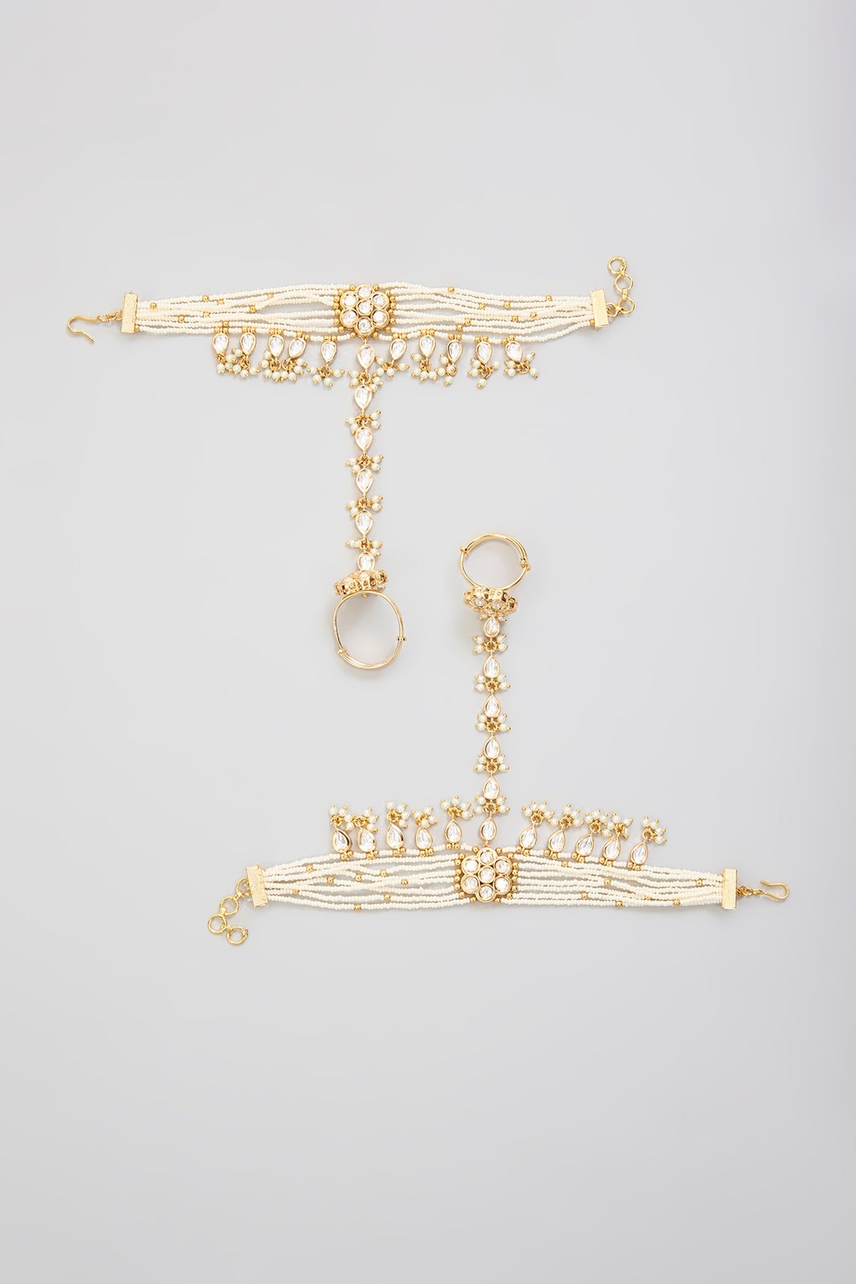 Gold Finish Kundan Polki Hathphool (Set Of 2)