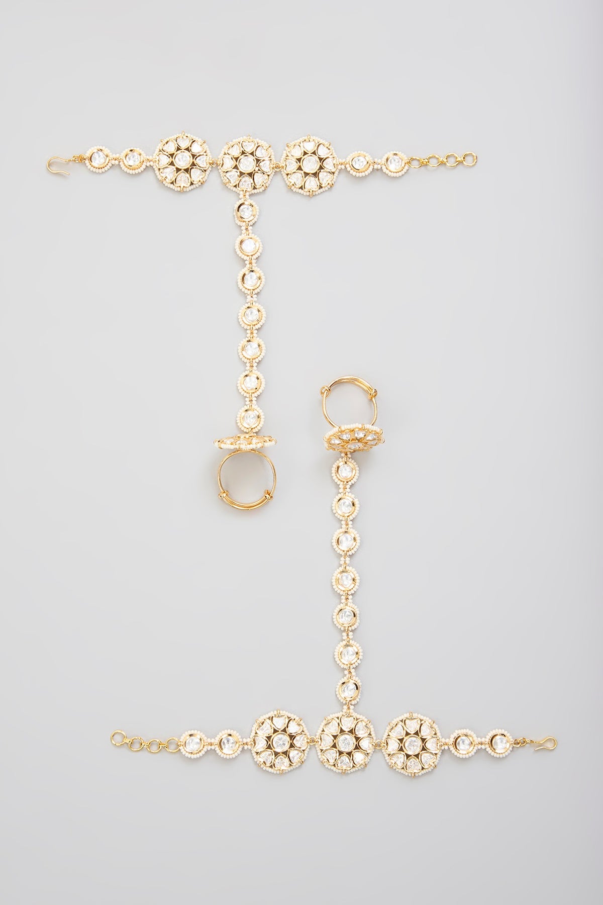 Gold Finish Kundan Polki Hathphool (Set Of 2)