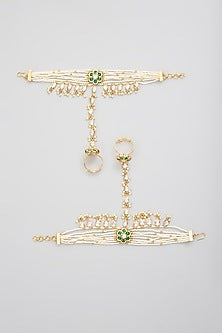 Gold Finish Kundan Polki Hathphool (Set Of 2)