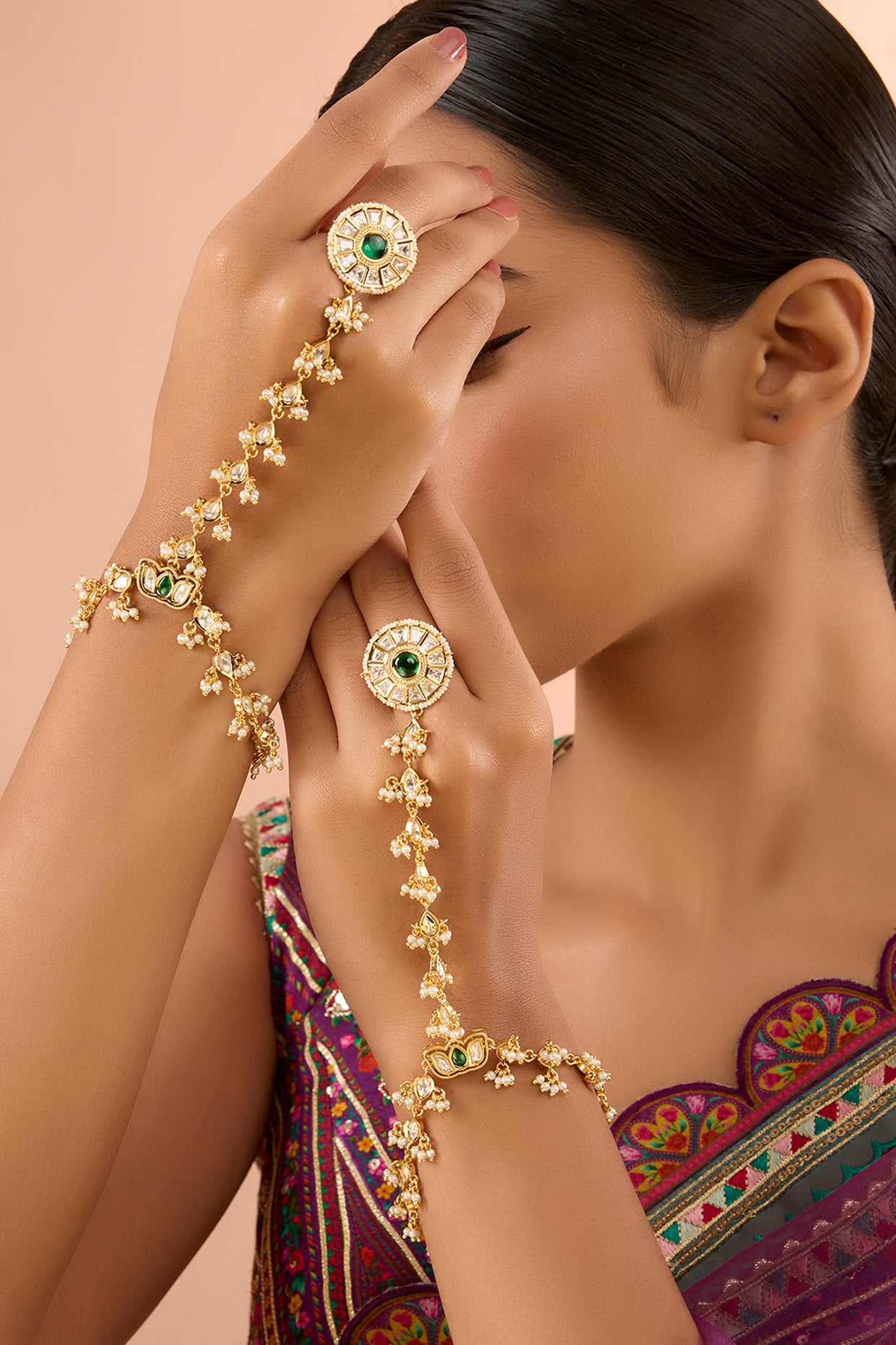 Gold Finish Kundan Polki Hathphool (Set Of 2)