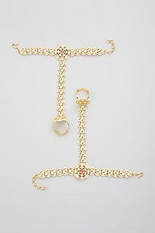 Gold Finish Kundan Polki Hathphool (Set Of 2)