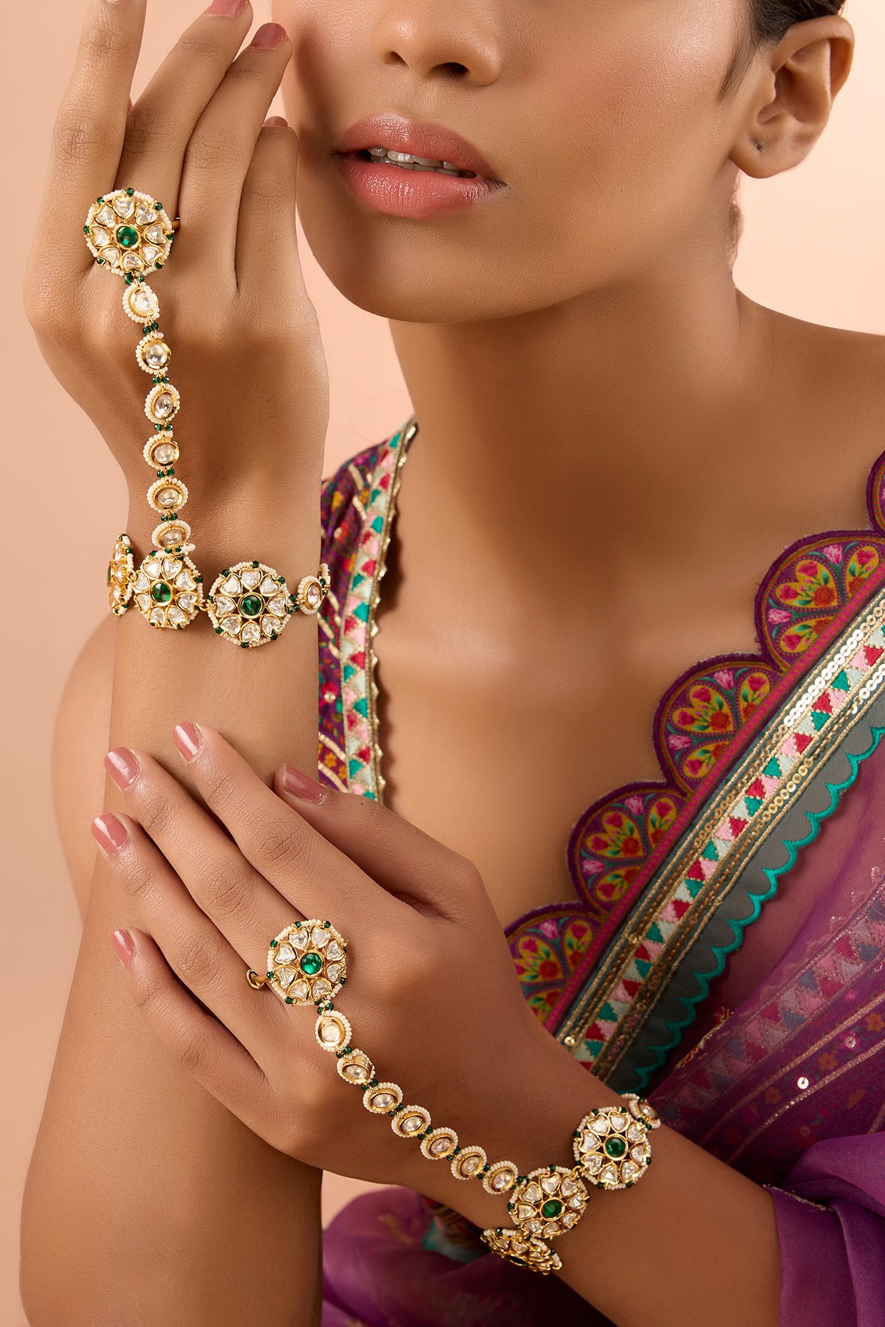 Gold Finish Kundan Polki Hathphool (Set Of 2)