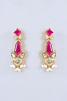 Gold Finish Red Moissanite Stone Long Necklace Set