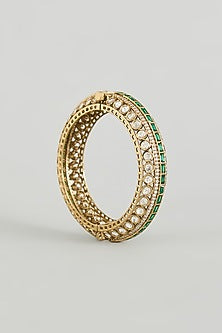 Two Tone Finish Kundan Polki & Green Stone Bangles (Set Of 2)