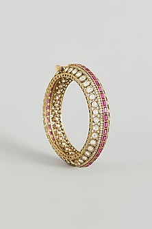 Two Tone Finish Kundan Polki & Red Stone Bangles (Set Of 2)