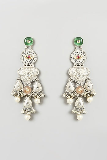 Oxidised Finish Multi-Colored Stone & Pearl Dangler Earrings