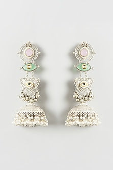 Oxidised Finish Multi-Colored Stone & Pearl Dangler Earrings