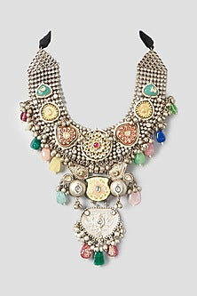 Oxidised Finish Kundan Polki & Multi-Colored Natural Stone Necklace