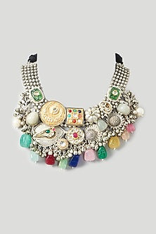 Oxidised Finish Kundan Polki & Multi-Colored Natural Stone Necklace