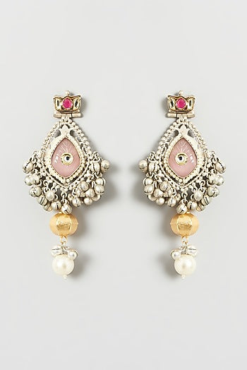 Oxidised Finish Kundan Polki & Pearl Dangler Earrings