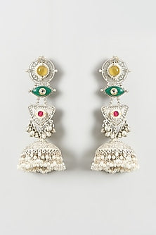 Oxidised Finish Multi-Colored Stone & Pearl Jhumka Earrings