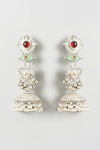 Oxidised Finish Multi-Colored Stone & Pearl Jhumka Earrings
