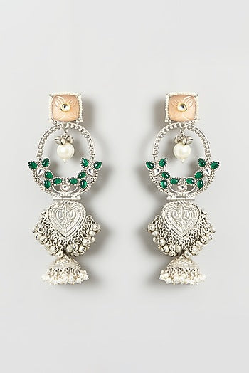 Oxidised Finish Green Stone & Pearl Dangler Earrings
