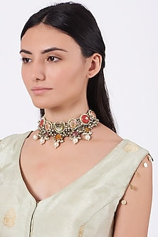 Oxidised Kundan Polki & Semi-Precious Stone Meenakari Choker Necklace