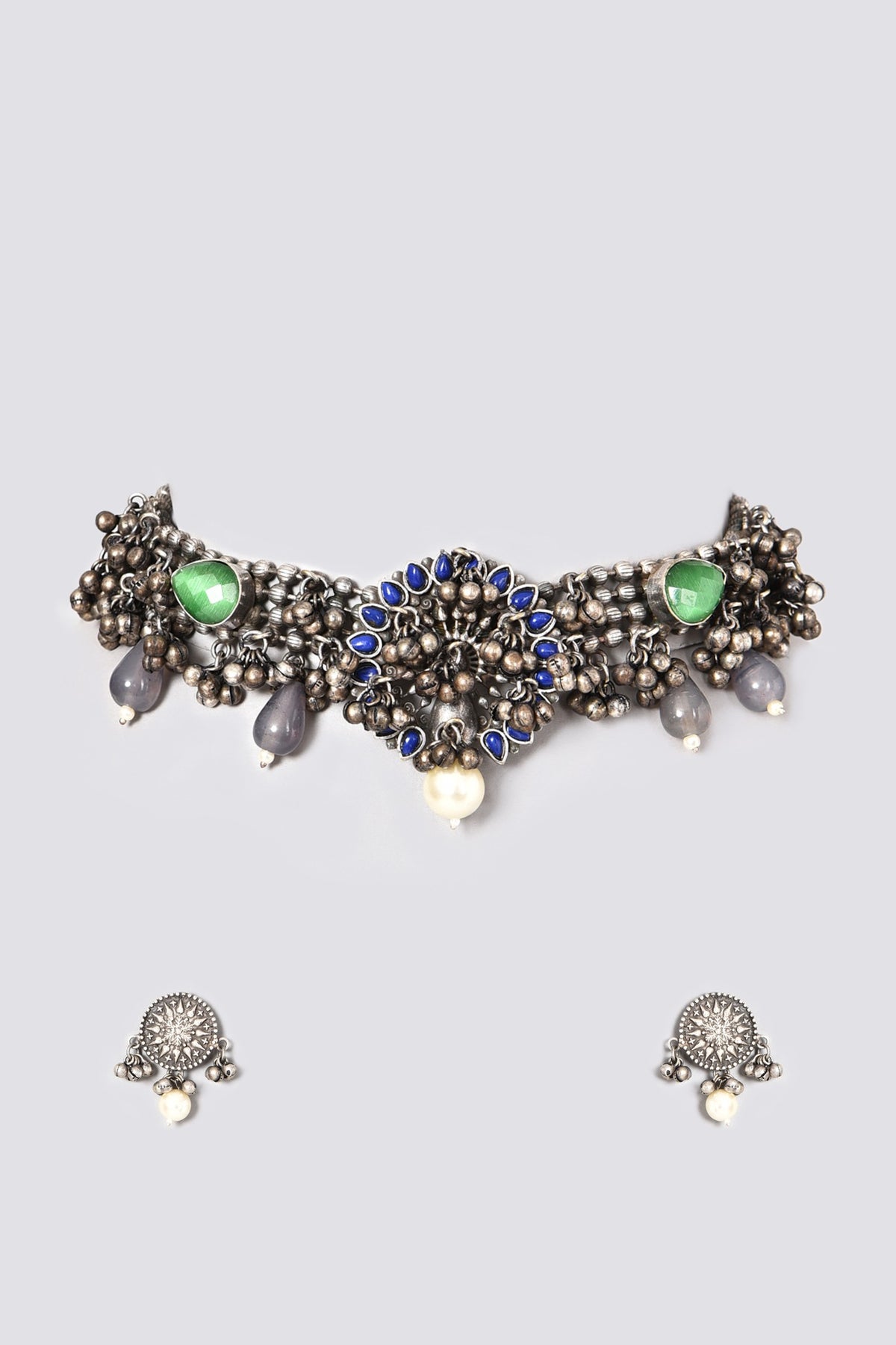 Oxidised Kundan Polki & Pearl Choker Necklace Set