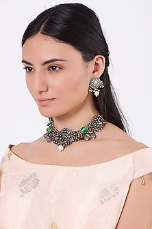Oxidised Kundan Polki & Pearl Choker Necklace Set
