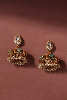 Gold Finish Turquoise Stone & Pearl Jhumka Earrings