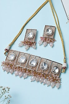 Gold Finish Kundan Polki & Pearl Choker Necklace Set