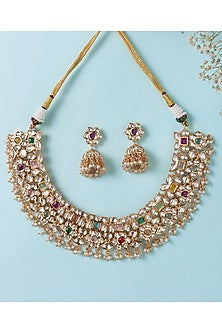 Gold Finish Kundan Polki & Navratan Stone Choker Necklace Set