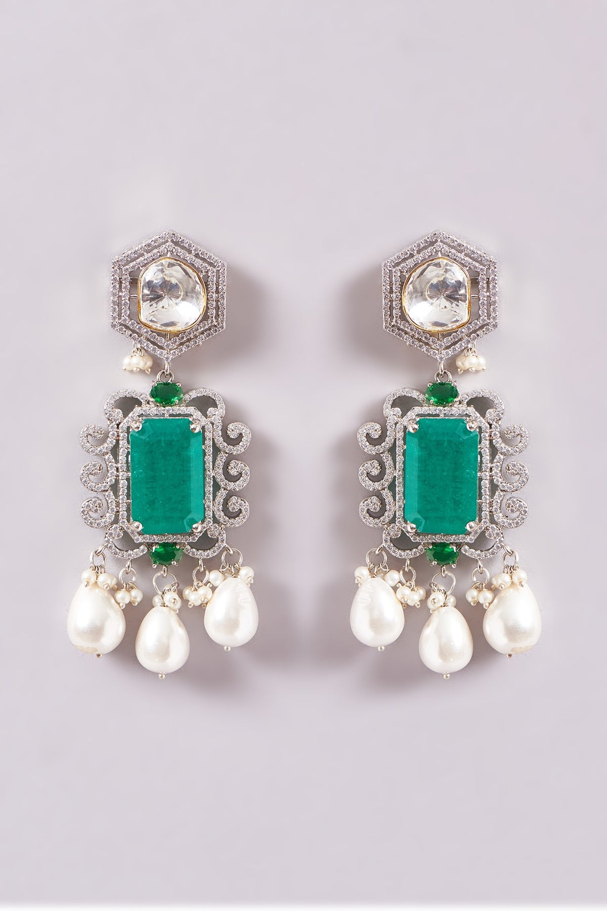 White Finish Zircon & Emerald Stone Choker Necklace Set