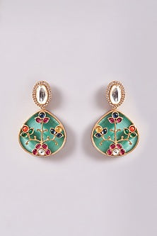 Gold Finish Red Kundan Polki & Turquoise Stone Necklace Set