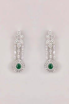 White Finish Diamond & Green Stone Long Necklace Set