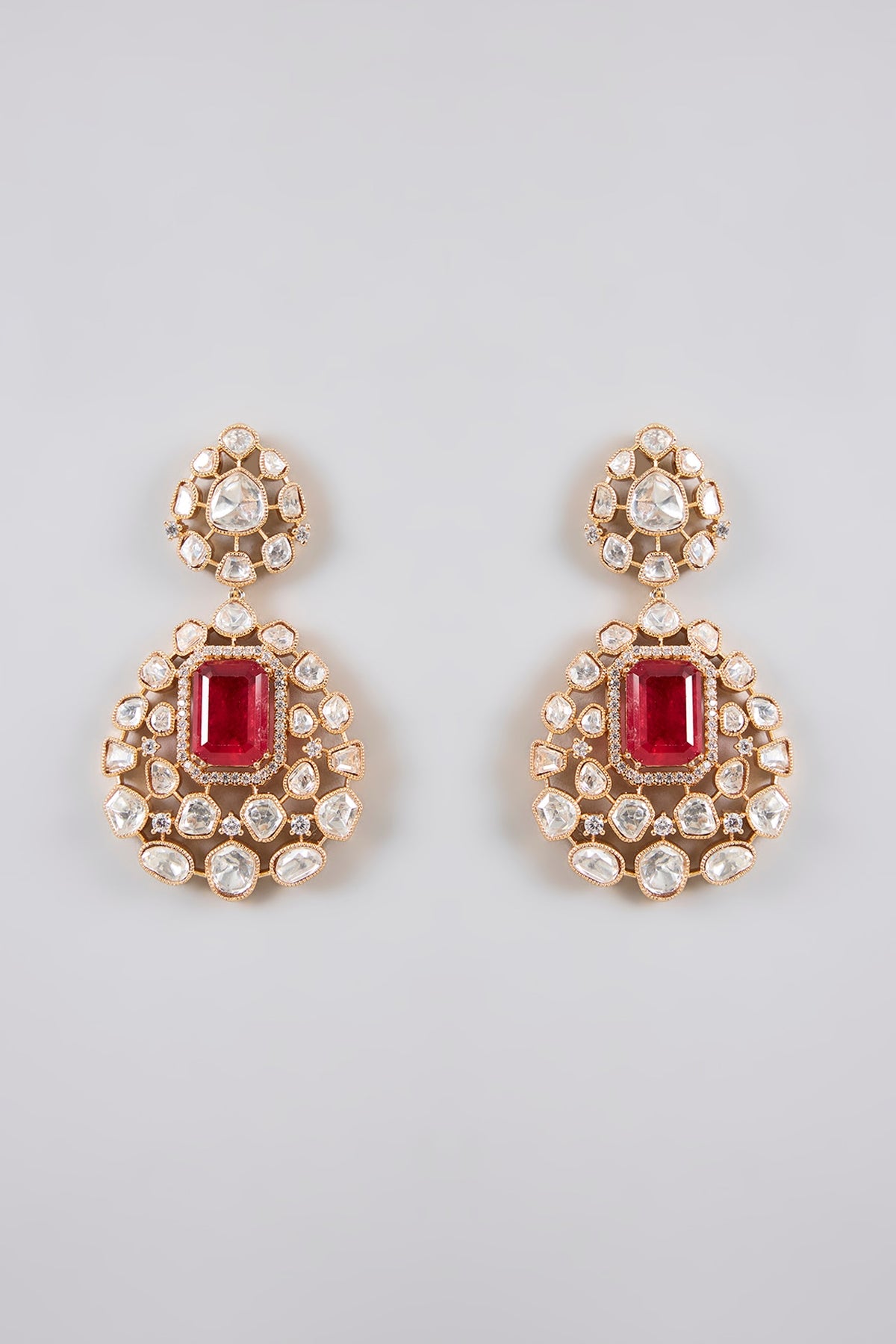 Gold Finish Kundan Polki & Red Stone Necklace Set