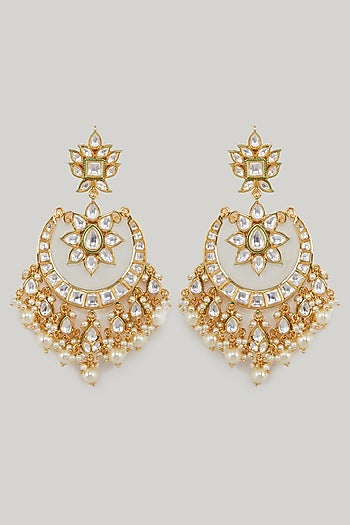 Gold Plated Carved Kundan Polki Chandbali Earrings
