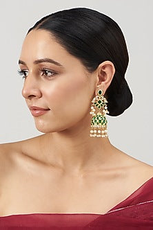 Gold Plated Kundan Polki & Green Stone Jhumka Earrings