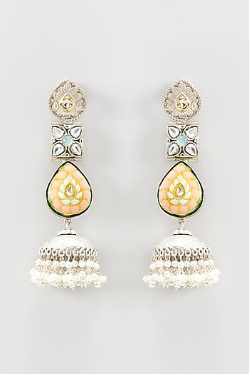 Oxidized Finish Colored Stone & Pearl Jhumka Earrings